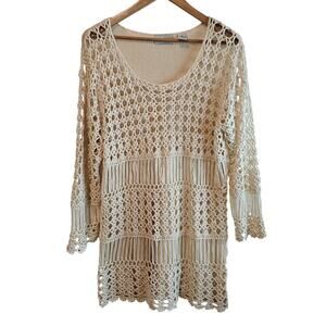 Le Moda Crochet Sweater Womens XL Beige Knit Boho Tunic Fairy Sheer Soft